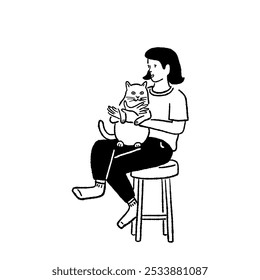 Woman Sitting with cat Pet lover friendship People lifestyle at home cartoon Hand drawn Line art Illustration