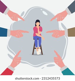 The woman sitting in the center of pointing hands. Bullying, harassment and violence of woman concept illustration