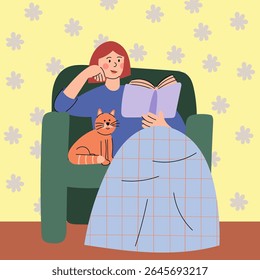 Woman sitting in a chair with a cat, wrapped in a blanket and reading a book. Flat vector illustration representing comfort, leisure, and quiet time indoors.