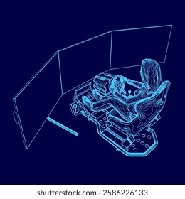 A woman is sitting in a chair with a computer monitor in front of her. The monitor is a large screen and the woman is holding a steering wheel. Concept of relaxation and leisure