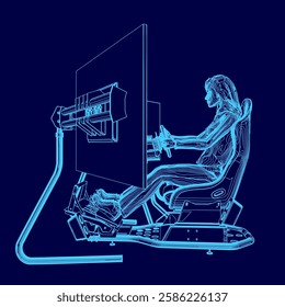 A woman is sitting in a chair with a computer monitor in front of her. The monitor is a large screen and the woman is holding a steering wheel. Concept of relaxation and leisure