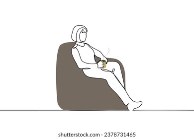 woman sitting in a chair with a drink steaming from a mug - one line art vector. relaxation concept at home with hot drink