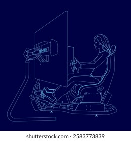 A woman is sitting in a chair in front of a computer monitor. Girl sitting in game simulator and holding steering wheel