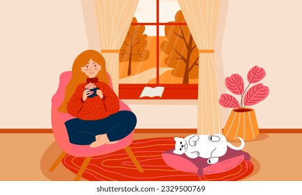 Woman sitting in a chair in front of window at home with coffee in hands, cat is laying. Autumn landscape outside the window. Cozy flat vector illustration. Autumn concept for banner, website design 