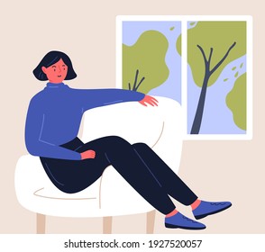 Woman sitting in chair at home, looking at window. Stay home illustration. Flat vector character design