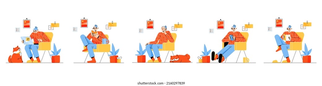 Woman sitting in chair at home and work online. Remote worker or student use laptop, mobile phone, eat, read book and sleep in house. Vector set of flat illustrations of girl freelancer lifestyle