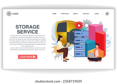 A woman sitting in a chair looking at a laptop. website page Storage Service. Modern flat design concept of web page design for website and mobile website