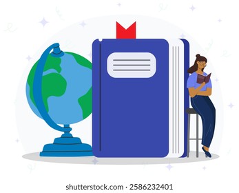 A woman sitting in chair on book and globe. Vector of education knowledge. Concept of literature fans or lovers reading. 