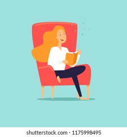 Woman sitting in a chair reading a book. Flat design vector illustration.