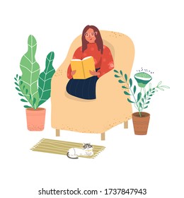 A woman is sitting in a chair and reading a book. A young woman or teenager is relaxing in a chair at home and reading a book. Calmness, peace of mind and relaxation. Vector illustration.