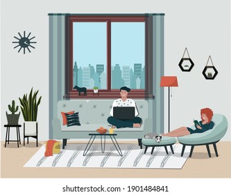 A woman sitting in a chair reading a book, a man with a laptop at home.  The concept of home comfort, recreation, remote work at home, freelancing, distance education.  Vector illustration.
