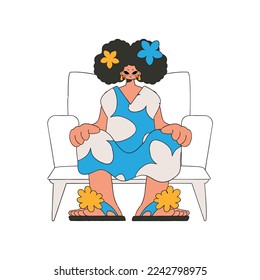 The woman is sitting in a chair. Rentro style character.