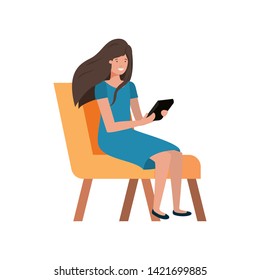 woman sitting in chair with smartphone on white background