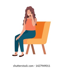 woman sitting in chair with smartphone on white background