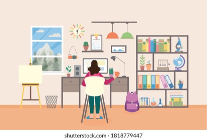 Woman sitting in chair studying and working from home workplace studying room. Cabinet furniture and computer for distance learning, flat cartoon vector illustration