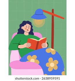 Woman sitting in a chair, wrapped in a blanket and reading a book. Flat vector illustration representing comfort, leisure and quiet time indoors.