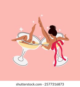 A woman is sitting in a champagne glass with her legs up. Party time