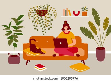 Woman sitting and chatting online. Female character with laptop on sofa in cozy home interior plants cat. Flat abstract vector