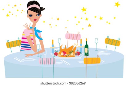 A woman sitting at the christmas table. Served thanksgiving dinner illustration. Vector illustration.