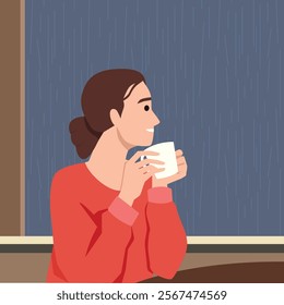 Woman sitting with coffee cup on windowsill on rainy weather. Flat vector illustration isolated on white background