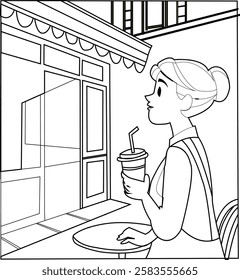 A woman sitting in a coffee shop drinking coffee - this is a vector design in Illustrator. Arranged in clean layer paths. Easy to edit colors will be enjoyable for users.