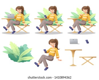 Woman sitting in the coffee shop, She is working online by laptop and smartphone, Girls playing internet on white background, Character design set, Can separate object from each other - Vector