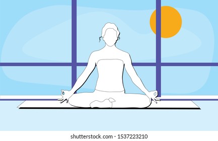 A woman is sitting in a comfortable Asana with raised arms, crossed legs' lotus pose and makes Mrigi Mudra. Pranayama exercises trendy top illustration in the gym