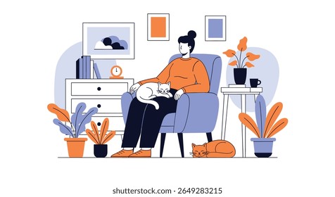 Uma mulher sentada confortavelmente em uma poltrona com seus gatos amados perto desfrutar do ambiente interior sereno