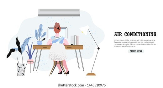 A Woman Sitting Comfortably In Home Office Equiped With An Air Conditioning Or Cooling System During Hot Summer Days And Escaping Heat. A Banner With A Freelancer Working Or Chatting On Her Computer.