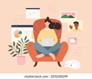 Woman Sitting Comfortably On Armchair Working Stock Vector (Royalty ...