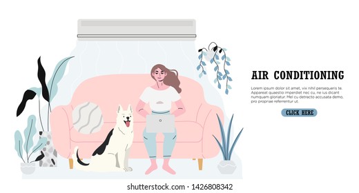 A woman sitting comfortably in a room equiped with an air conditioning or cooling system during hot summer days and escaping heat. A banner with a girl and her dog working or chatting on her laptop.