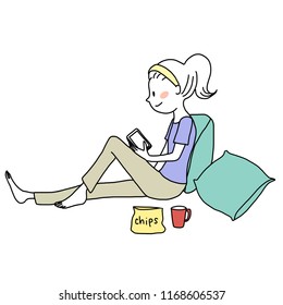 Woman sitting comfortably and using smartphone. Cute woman touching the screen and sending text while drinking coffee and eating snacks. Girl sharing her story via social media while relaxing at home.