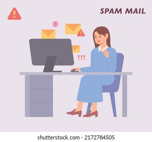A woman is sitting at a computer desk. She is getting spam emails from her computer. flat design style vector illustration.