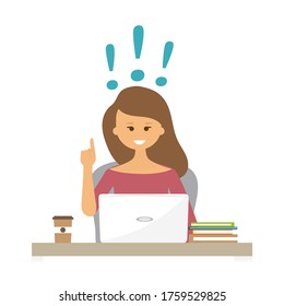 Frau, die an einem Computer sitzt, Ausrufezeichen, Konzept einer neuen Idee