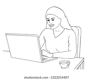Mujer sentada con ordenador portátil que trabaja en una ilustración vectorial de diseño plano con fondo blanco.