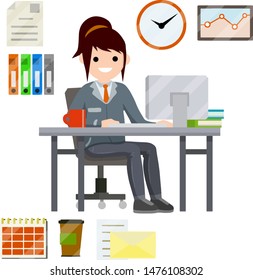 Woman sitting at computer in office. Company employee and office items. Cartoon flat illustration. Work with laptop. Set for business work-schedule, hours, file, documents, letter, coffee, calendar