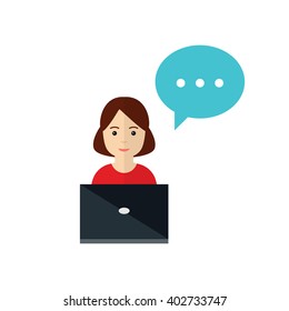 Woman sitting at a computer. Office manager at work concept. Manager woman icon in flat style, vector illustration.