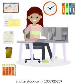 Woman sitting at the computer in the office. Set for business work-schedule, hours, file documents, letter, coffee, calendar. Company employee and office items. Cartoon flat illustration