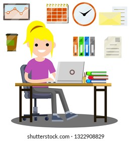 Woman sitting at the computer in the office. Set for business work-schedule, hours, file documents, letter, coffee, calendar. Company employee and office items. Cartoon flat illustration