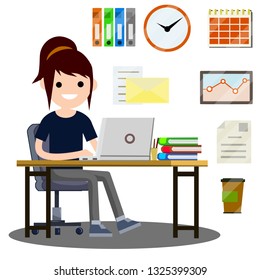 Woman sitting at the computer in the office. Set for business work-schedule, hours, file documents, letter, coffee, calendar. Company employee and office items. Cartoon flat illustration