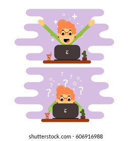 woman sitting at a computer red hair. flat design.  stock vector