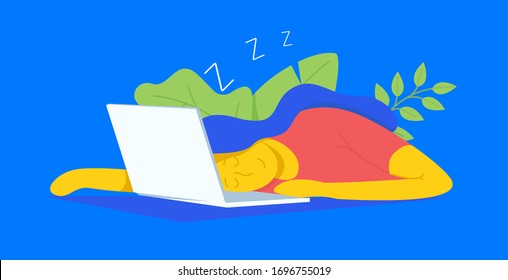 A woman is sitting at a computer. woman tired and sleep at the workplace with the laptop and the file.vector illustration.