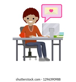 Woman sitting at computer and typing romantic message. Email with letter and envelope with pink heart. Celebrating Valentine's day. Modern relationships and love. Cartoon flat illustration