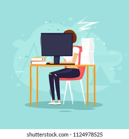 Woman sitting at the computer, a lot of work, office, interior. Flat design vector illustration.