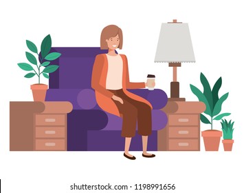 woman sitting in couch with coffee glass avatar character