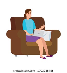 woman sitting in couch with laptop isolated icon vector illustration design