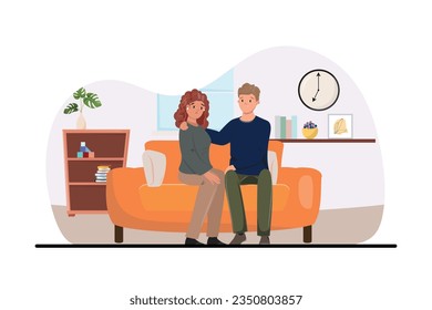 Woman sitting couch and sad about something and her partner support her and tries to cheer her up. Love, support, stress, relationships concept