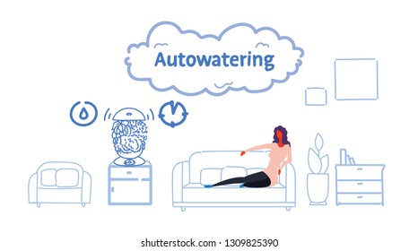 woman sitting couch using auto watering application smart house technology system concept modern living room interior sketch flow style horizontal