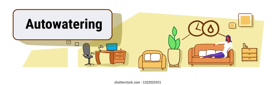 woman sitting couch using auto watering application smart house technology system concept modern living room interior sketch flow style horizontal banner