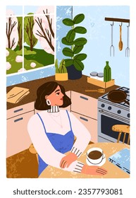 Woman sitting in cozy kitchen at hygge home. Young girl drinking tea in morning. Person relaxing with coffee cup at dining table in modern cosy interior with plants, window. Flat vector illustration